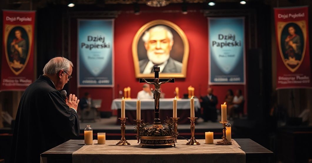 Tradycyjny ołtarz katolicki z krucyfiksem i świecami modlitewnymi obok sceny z koncertu na cześć "świętego" Jana Pawła II podczas Dnia Papieskiego