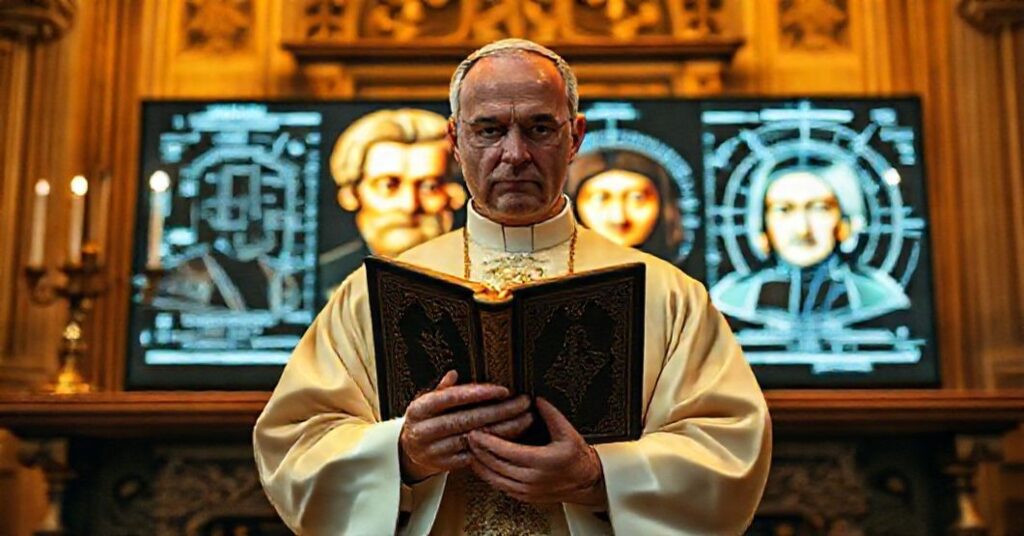 Prawdziwy kapłan katolicki w tradycyjnych szatach liturgicznych stojący przed ołtarzem w kościele z książką "Rerum Novarum" w ręku. Na tle widoczne są postacie Roberta Prevosta (Leona XIV) i Anne Bouverot na ekranie cyfrowym otoczone algorytmami sztucznej inteligencji.