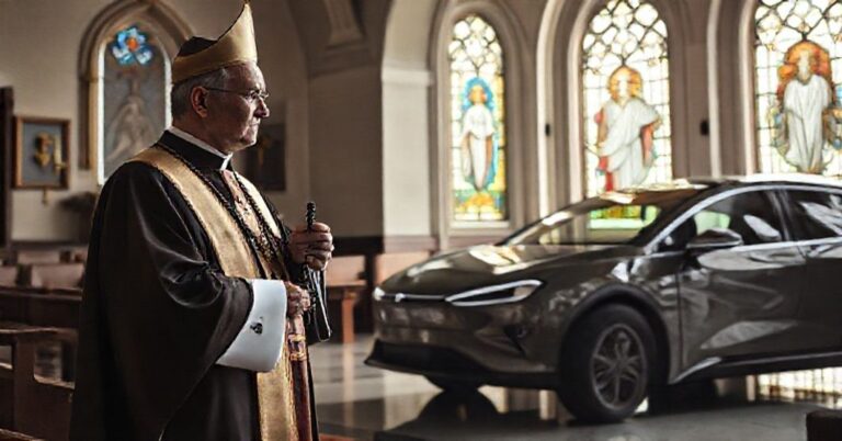 Tradycyjny ksiądz katolicki w pełnym stroju liturgicznym stoi w kaplicy, trzymając różaniec, z troską patrzący na chiński samochód elektryczny. Scena symbolizuje konflikt wiary z nowoczesną technologią.