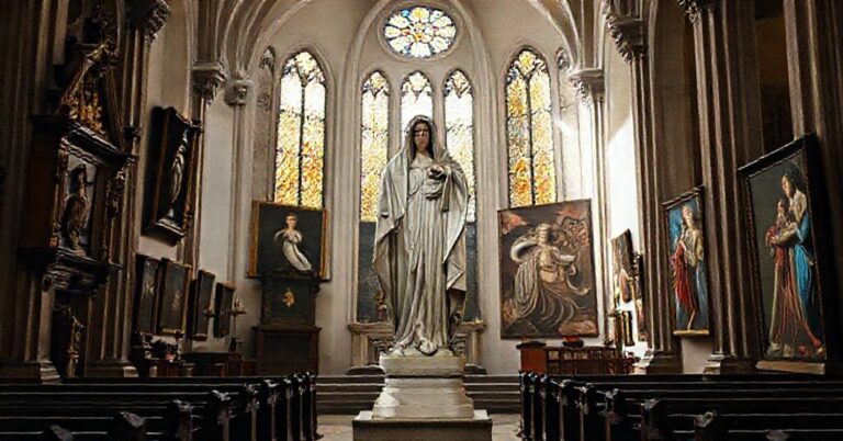 Wnętrze kościoła katolickiego z rzeźbą Matki Boskiej obok wystawy sztuki współczesnej promującej ideologię genderową.