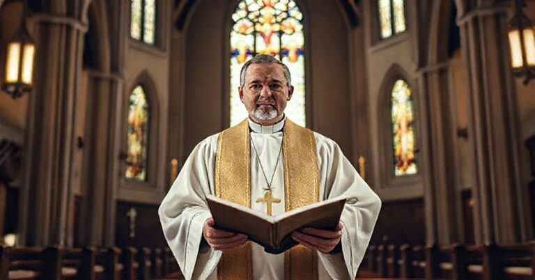 Tradycyjny katolicki wnętrze kościoła z kapłanem w szatach liturgicznych trzymającym Biblię, symbolizującym niezmienną prawdę o wszechwiedzy Boga.