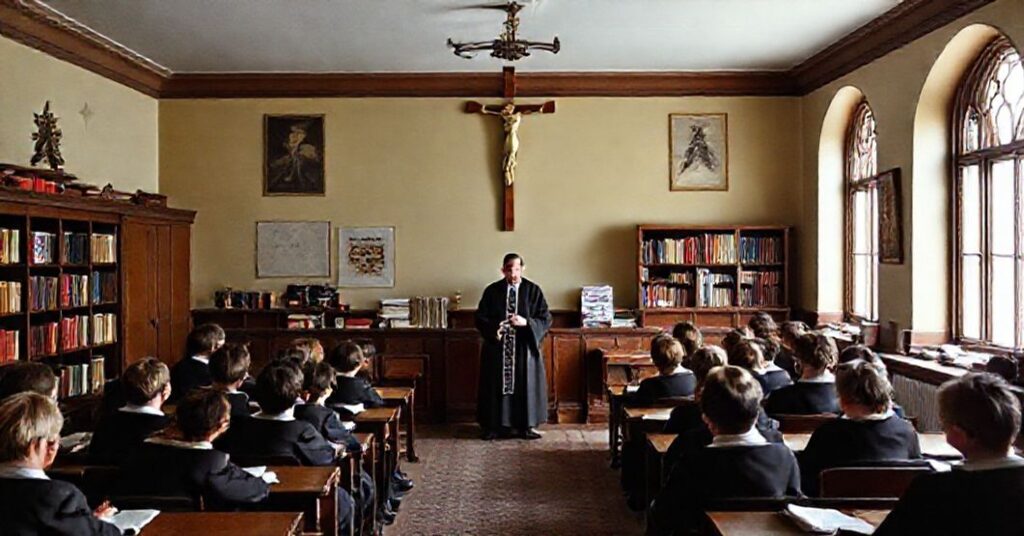 Tradycyjna katolicka sala lekcyjna z krzyżem i nauczycielem w sutannie: odzwierciedlenie autentycznej edukacji katolickiej