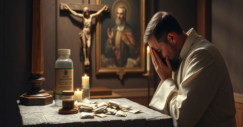 Poważny obraz katolicki przedstawiający duchową tragedię aborcji farmakologicznej