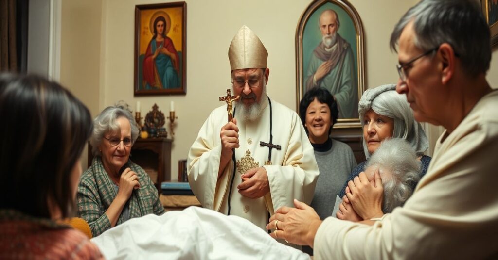 Tradycyjne katolickie przedstawienie chorego przyjmującego namaszczenie od księdza z krucyfiksem, w obecności smutnej rodziny w domu pełnym symboli religijnych