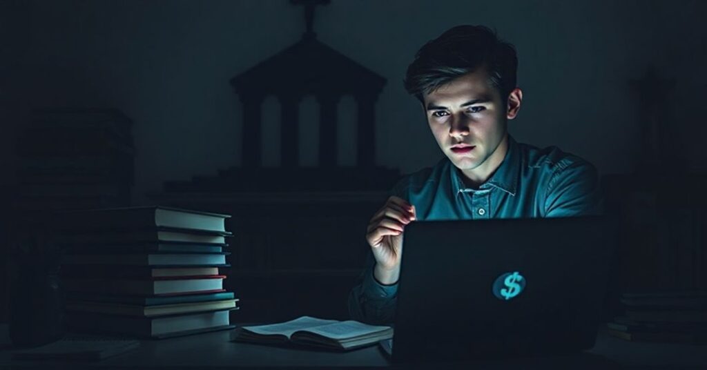 Młody student katolicki w pokoju studiów otoczony książkami finansowymi przy słabym świetle komputera i różańcu