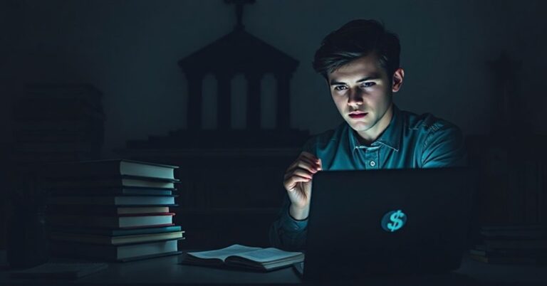 Młody student katolicki w pokoju studiów otoczony książkami finansowymi przy słabym świetle komputera i różańcu