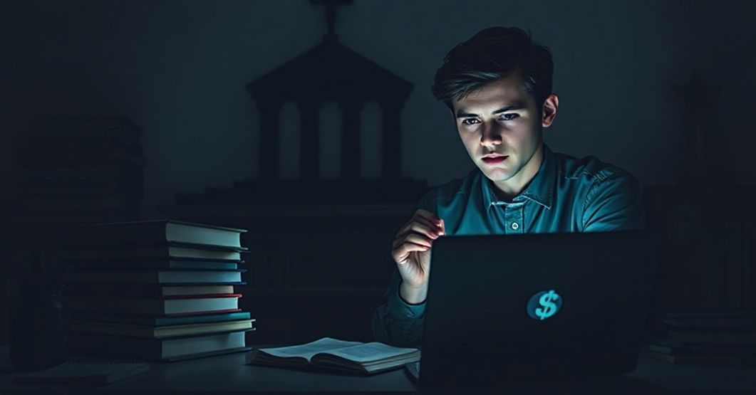 Młody student katolicki w pokoju studiów otoczony książkami finansowymi przy słabym świetle komputera i różańcu