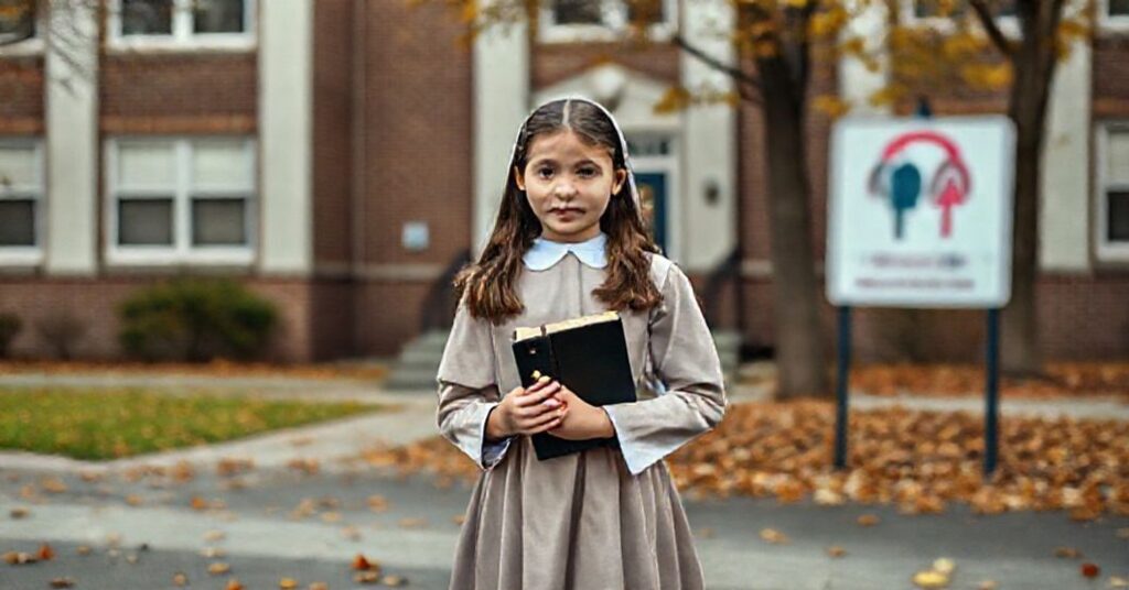 Katolicka uczennica w stroju szkolnym stoi przed budynkiem szkoły, trzymając Biblię, przeciwko tablicy z symbolami ideologii gender. Scena w spokojnej podmiejskiej szkole z jesiennymi liśćmi na ziemi.