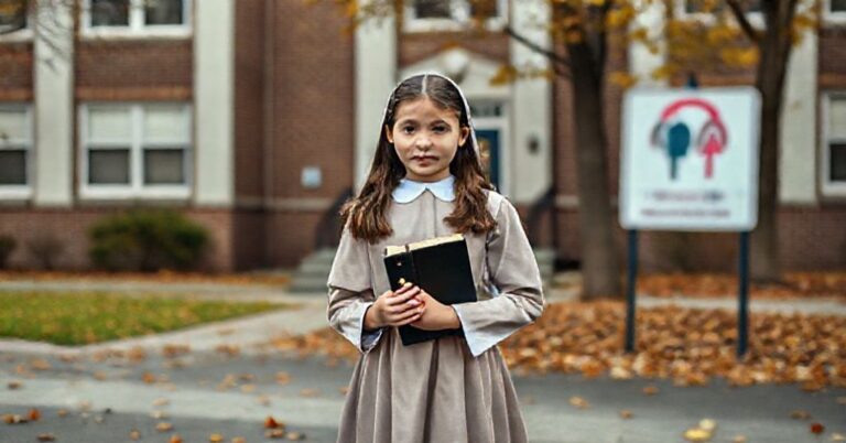 Katolicka uczennica w stroju szkolnym stoi przed budynkiem szkoły, trzymając Biblię, przeciwko tablicy z symbolami ideologii gender. Scena w spokojnej podmiejskiej szkole z jesiennymi liśćmi na ziemi.