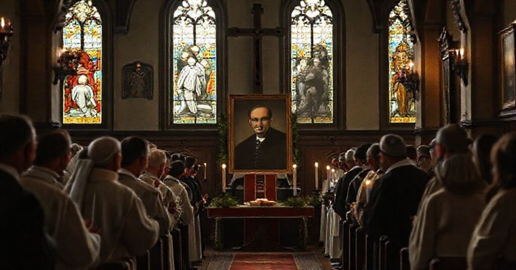 Uroczystość katolicka ku czci Jana Karskiego w tradycyjnym kościele polskim. Scena przedstawia uroczystą ceremonialną imprezę z matką Bożą i świętymi patronami.