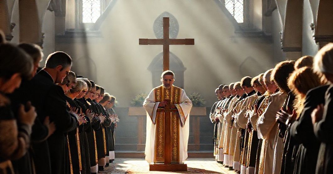 Sobótka katolicka upamiętniająca ks. Jerzego Popiełuszko z tradycyjnym krzyżem i modlącymi się wiernymi.