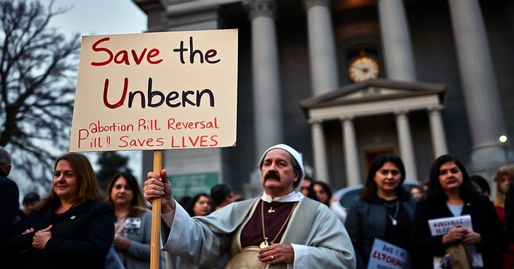 Prawicowy aktywista katolicki trzyma tablicę 'Ratujcie Nienarodzone - Leczenie Przerwanego Aborcji Ratuje Życie' przed budynkiem rządu Kalifornii.