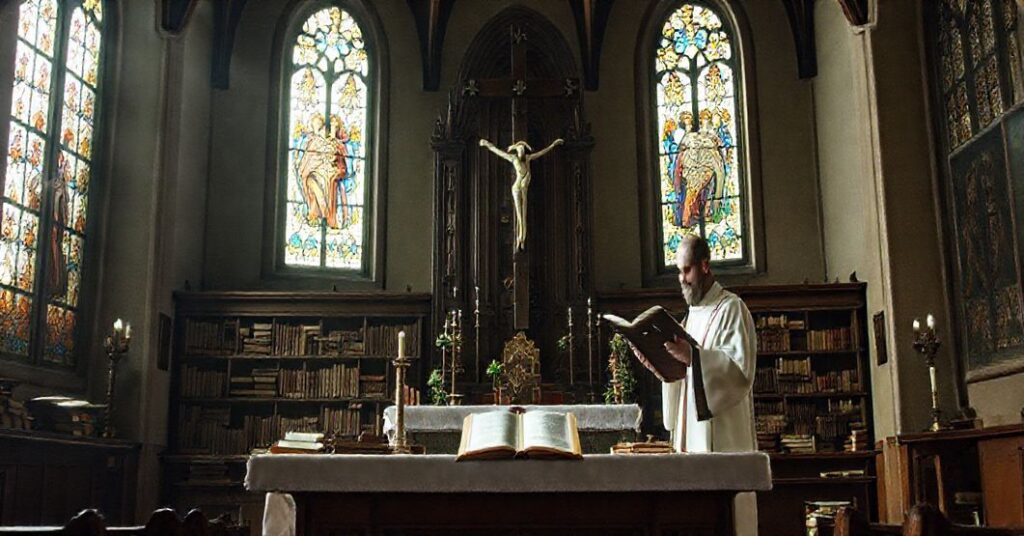 Tradycyjny katolicki ołtarz z krzyżem i antycznymi księgami symbolizujący walkę z ideologią edukacji seksualnej. Ciemne wnętrze kościoła z witrażami przedstawiającymi świętych.