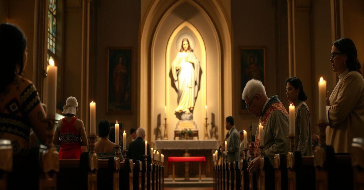 Kościół katolicki a fałszywe oskarżenia o groby w szkołach rezydencjalnych Wnętrze kościoła katolickiego z rzeźbą Serca Pana Jezusa i staruszka księdzem modlącego się w tradycyjnych szatach liturgicznych. Tło przedstawia grupę rdzennych mieszkańców stojących poważnie. Scena symbolizuje niesprawiedliwość wobec Kościoła katolickiego.