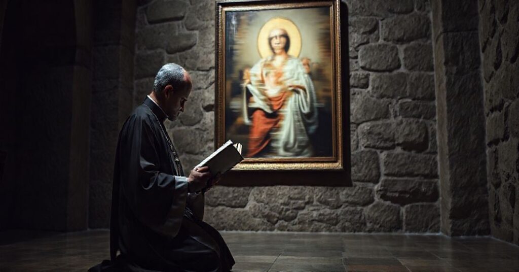 Prawdziwy katolik modlący się w tradycyjnym kościele, przeciwstawiający się nowoczesnej, zdekonstruowanej sztuce, symbolizującej apostazję.