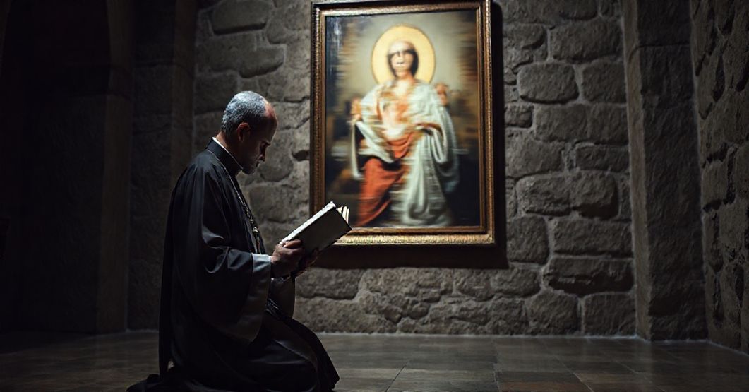 Prawdziwy katolik modlący się w tradycyjnym kościele, przeciwstawiający się nowoczesnej, zdekonstruowanej sztuce, symbolizującej apostazję.