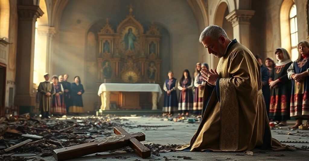 Zniszczony katolicki kościół na Ukrainie z kapłanem modlącym się w trzech przybranej postaci i wiernymi w tradycyjnych strojach