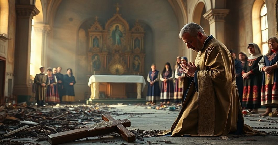 Zniszczony katolicki kościół na Ukrainie z kapłanem modlącym się w trzech przybranej postaci i wiernymi w tradycyjnych strojach