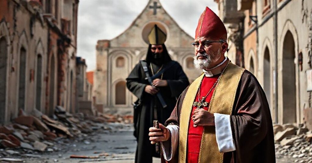 Książę kapłan w tradycyjnych szatach stojący w zniszczonej ulicy w Libanie z krucyfiksem, na tle ruin kościoła. W tle widnieje postać anty-papieża Leona XIV uciskającego dłoń terroryście z Hezbollahu.