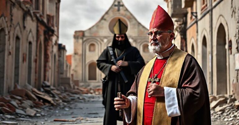 Książę kapłan w tradycyjnych szatach stojący w zniszczonej ulicy w Libanie z krucyfiksem, na tle ruin kościoła. W tle widnieje postać anty-papieża Leona XIV uciskającego dłoń terroryście z Hezbollahu.
