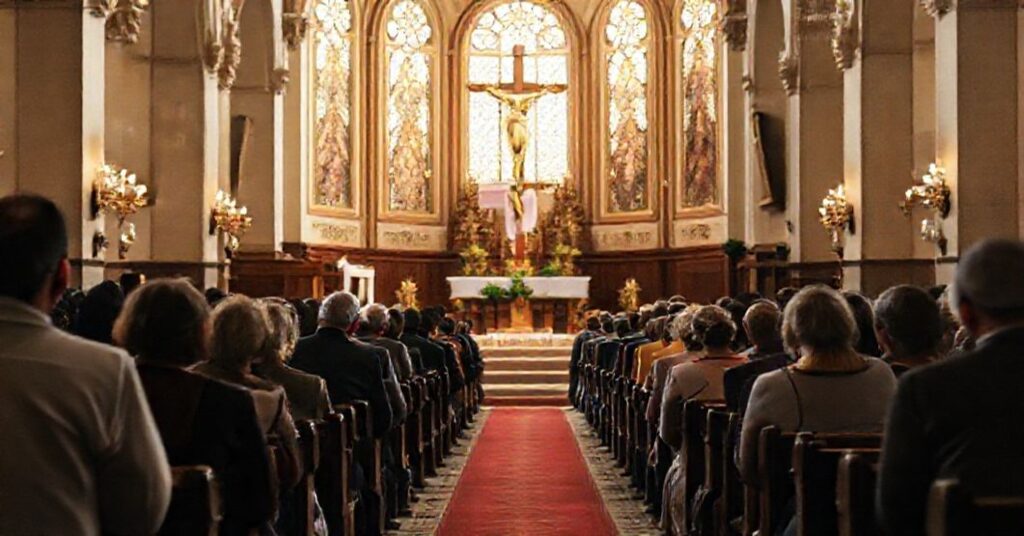 Grupa katolików modląca się w tradycyjnym kościele w Kanadzie z widocznym krzyżem uszkodzonym po atakach.