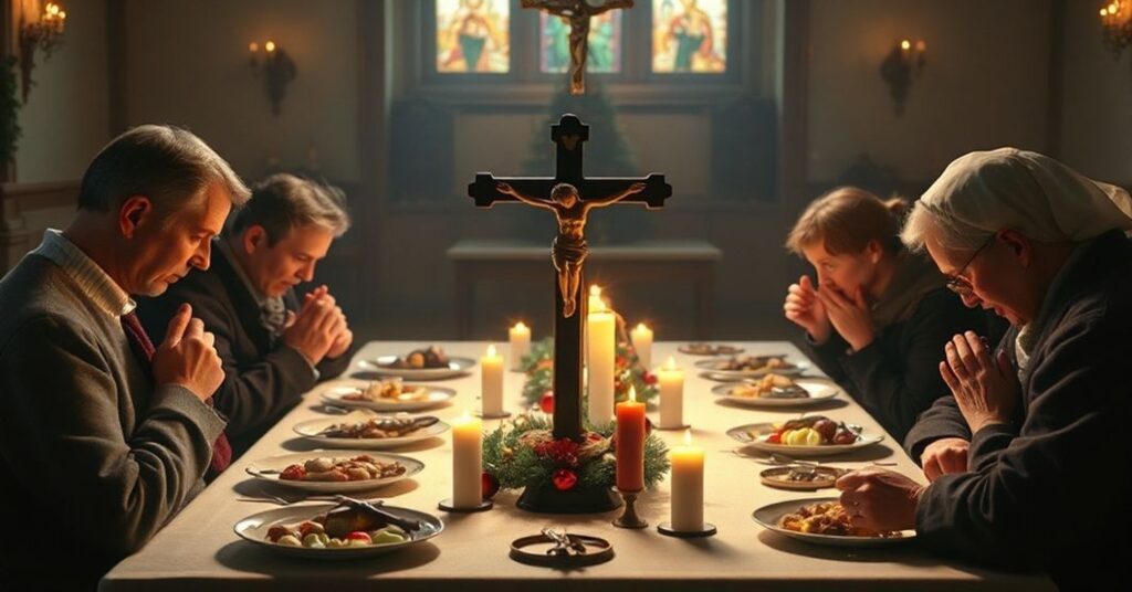 Tradycyjna katolicka kolacja wigilijna z krucyfiksem na stole i rodziną modlącą się