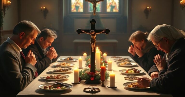 Tradycyjna katolicka kolacja wigilijna z krucyfiksem na stole i rodziną modlącą się