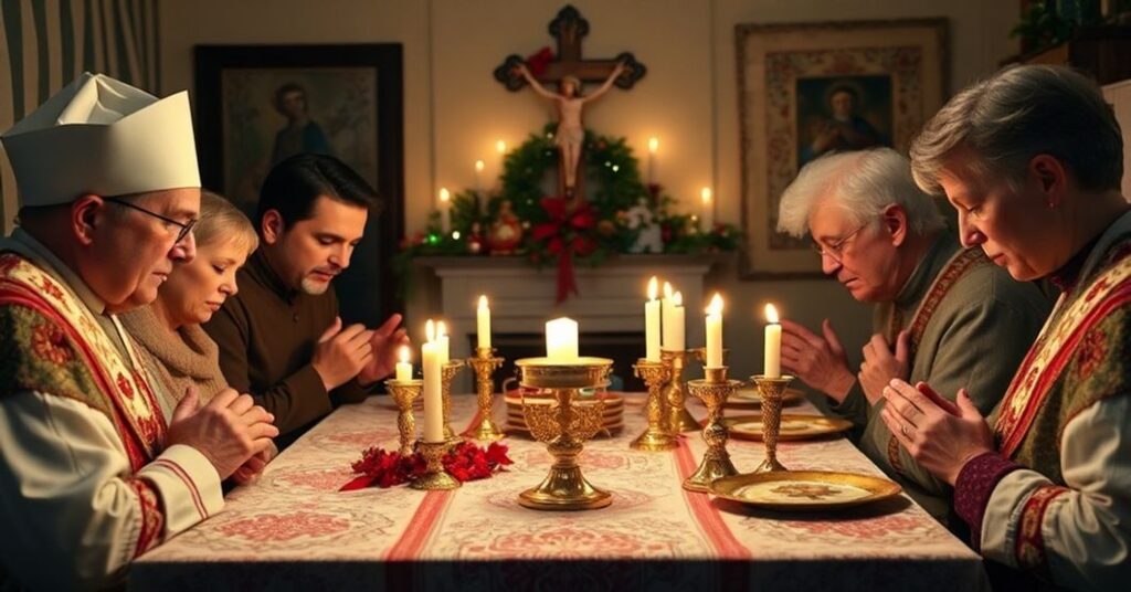 Tradycyjna katolicka rodzina modli się podczas Wigilii Bożego Narodzenia, z nieszporami i prawdziwym opłatkiem na stole.