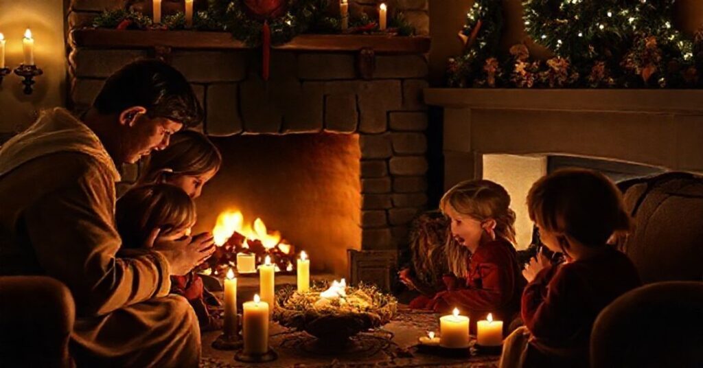 Sobotnia rodzina modli się podczas wigilii w tradycyjnym katolickim domu z sceną narodzin w tle.