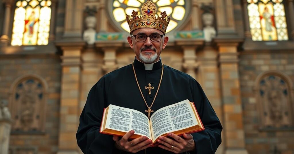 Katolicki teolog stoi przed starym kościołem z Biblią w ręku, symbolizując trwałość wiary i boski porządek na tle cywilizacyjnego relatywizmu.