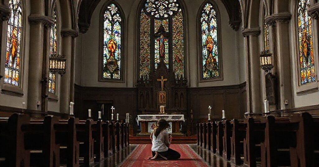 Sobór katolicki z tradycyjnym ołtarzem i modląca się postać symbolizująca konflikt między prawdą Bożą a współczesną ideologią płciową