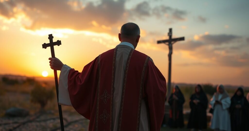 Realistyczny obraz katolickiego kapłana z krzyżem, modlącej się wspólnoty na tle zachodzącego słońca, symbolizujący odwagę i wiarę w trudnych warunkach, ukazując publiczne wyznawanie katolickiej wiary.