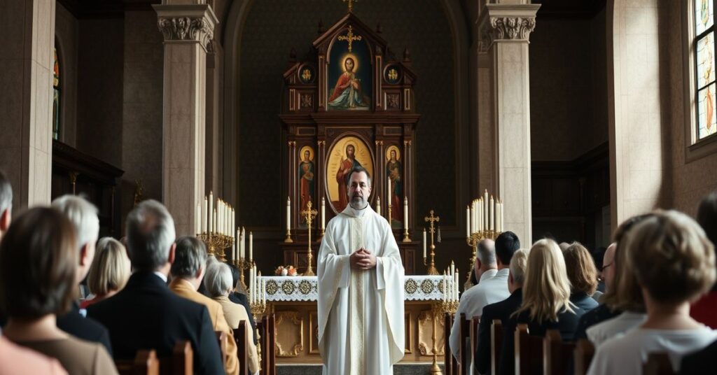 Wnętrze tradycyjnego kościoła katolickiego z księdzem w ornacie stojącym przed ołtarzem. Ksiądz przemawia do poważnej zgromadzonej wspólnoty, w tym do Cvety Dimitrowej. Scena podkreśla teologiczne aspekty prawdziwego zaufania duchowego i społeczności, w odróżnieniu od powierzchownych psychologicznych podejść do wiary. Atmosphera jest z powagą, podkreślając sakramenty i obecność Chrystusa w Eucharystii.