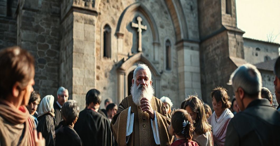 Pozorne katolickie modlitwy przed starym kościołem, symbolizujące tradycyjną wiarę i moralną klarowność w obliczu współczesnych wyzwań.