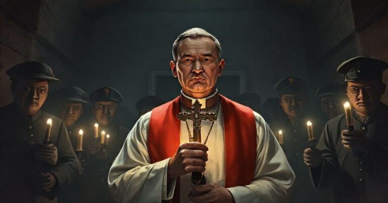 Katolicki ksiądz w tradycyjnych szatach liturgicznych stoi w ukrywającym się podziemnym kościele w Chinach, trzymając krzyż podczas próby konfiskaty przez komunistycznych urzędników.