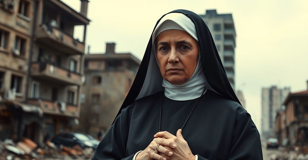 Catholic zakonnica w habitzie modli się w zniszczonym ukraińskim mieście, symbolizując duchowe zagubienie i krytykę posoborowego humanitaryzmu
