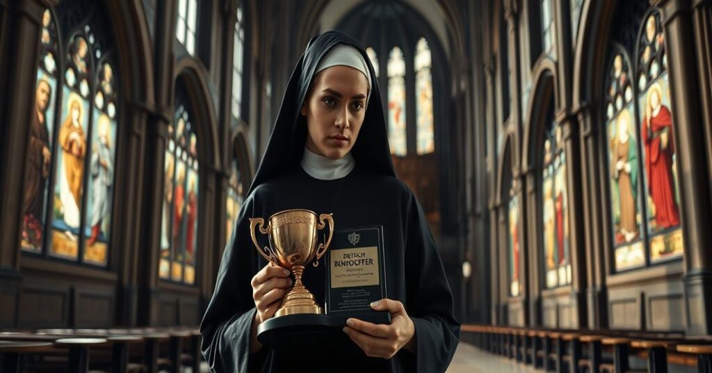 Zdjęcie przedstawiające tradycyjną katolicką zakonnicę w habitach stojącą w opuszczonym kościele z nagrodą protestancką im. Dietricha Bonhoeffera.