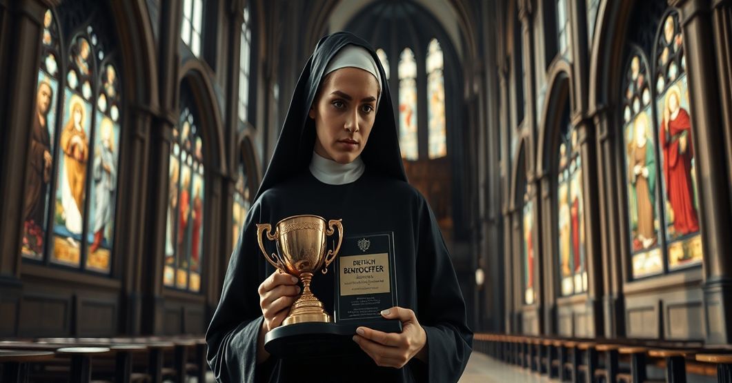 Zdjęcie przedstawiające tradycyjną katolicką zakonnicę w habitach stojącą w opuszczonym kościele z nagrodą protestancką im. Dietricha Bonhoeffera.