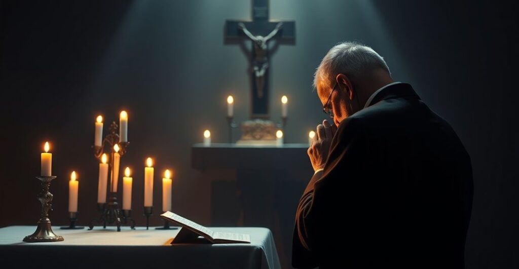 Katolicka scena modlitwy i żałoby za tragicznie zmarłego Charliego Kirka, ukazująca głęboką pobożność i refleksję nad wiecznością.