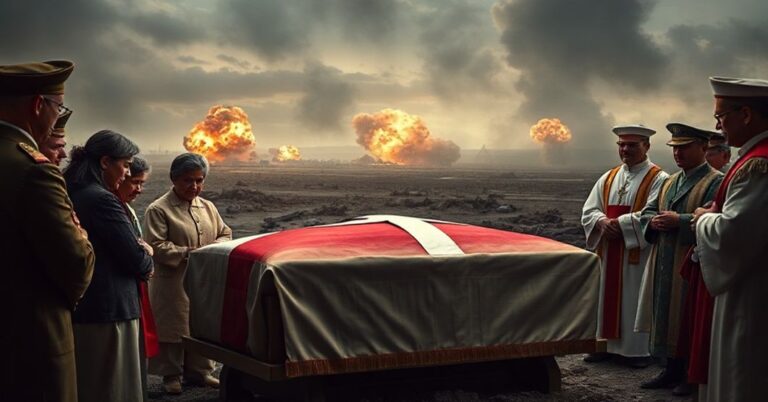 Scena pogrzebowa w tradycyjnym katolickim stylu z trumną przykrytą flagą i opłakującymi członkami rodziny oraz duchownymi w strojach liturgicznych na tle zniszczonego krajobrazu wojennego