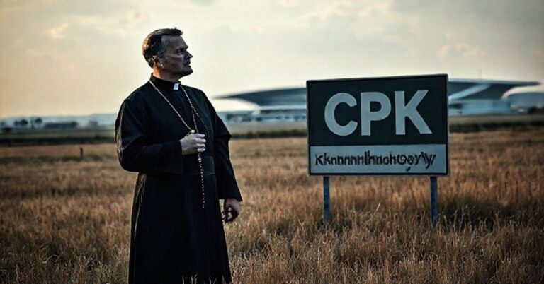 Kapłan katolicki w Zabłotni patrzący z obawą na znak z napisem 'CPK - Centralny Port Komunikacyjny' na tle nowoczesnej architektury lotniska