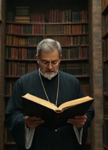 Rewerentna scena katolickiej biblioteki z księgami i kapłanem Szlachetna, realistyczna scena katolickiej biblioteki z księgami i kapłanem w modlitewnym nastroju