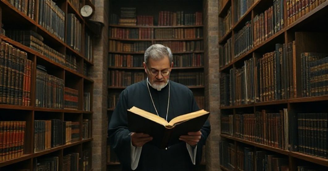 Szlachetna, realistyczna scena katolickiej biblioteki z księgami i kapłanem w modlitewnym nastroju