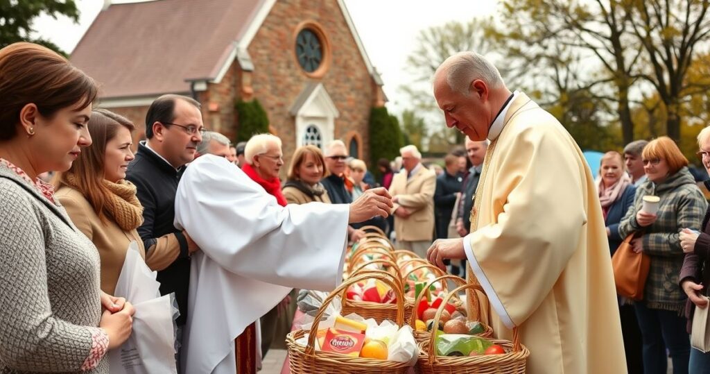 Realistyczne, pełne szacunku zdjęcie katolickiego kapłana błogosławiącego kosze z żywnością podczas wydarzenia charytatywnego na zewnątrz, z wiernymi i kościołem w tle.