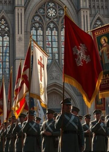 Katolicka defilada wojskowa z symbolami religijnymi i historyczną powagą Realistyczne zdjęcie katolickiej defilady wojskowej z żołnierzami w tradycyjnych mundurach, flagami i symbolami religijnymi, w otoczeniu kościoła lub katedry, podkreślające religijną i patriotyczną dumę.