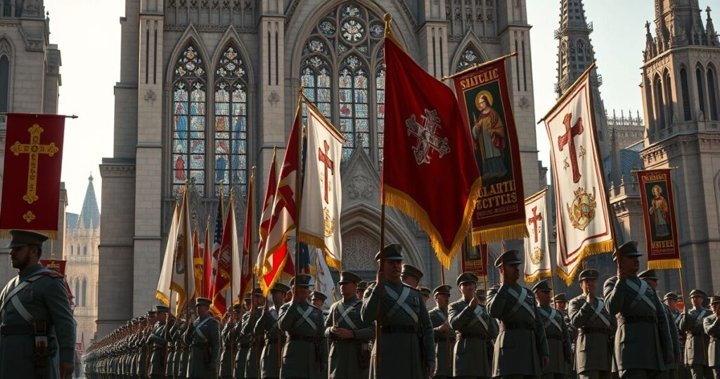 Realistyczne zdjęcie katolickiej defilady wojskowej z żołnierzami w tradycyjnych mundurach, flagami i symbolami religijnymi, w otoczeniu kościoła lub katedry, podkreślające religijną i patriotyczną dumę.
