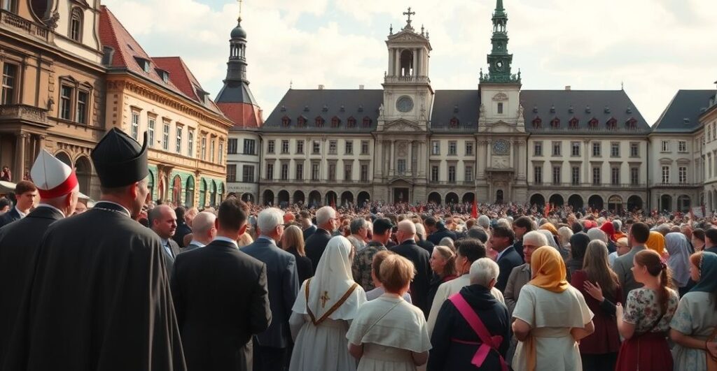 Uczestnicy katolickiego zgromadzenia w Warszawie, wyrażający wierność Chrystusowi Królowi i sprzeciw wobec nowoczesnych protestów antyreligijnych