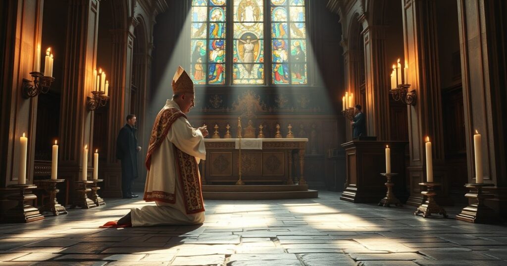 Obraz realistyczny przedstawiający kapłana w tradycyjnych szatach Eucharystię w świątyni, symbolizujący wiarę i tradycję katolicką z sedevacantistycznego punktu widzenia