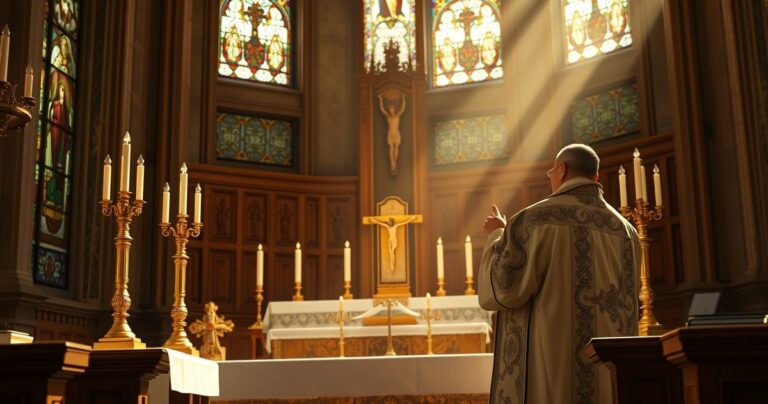 Szlachetny, realistyczny obraz katolickiego kapłana podczas Eucharystii przy ołtarzu, symbolizujący wiarę i sakramenty w duchu tradycyjnej katolickiej pobożności