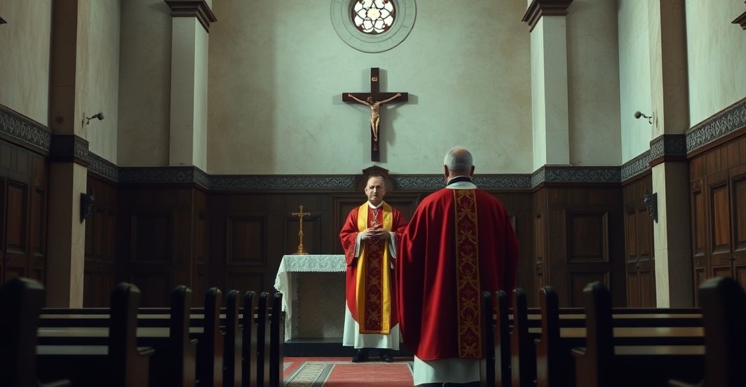 Tradycyjna katolicka kaplica w Dubaju z kapłanem odprawiającym Mszę, symbolizująca duchowy upadek i kryzys autentycznej wiary katolickiej
